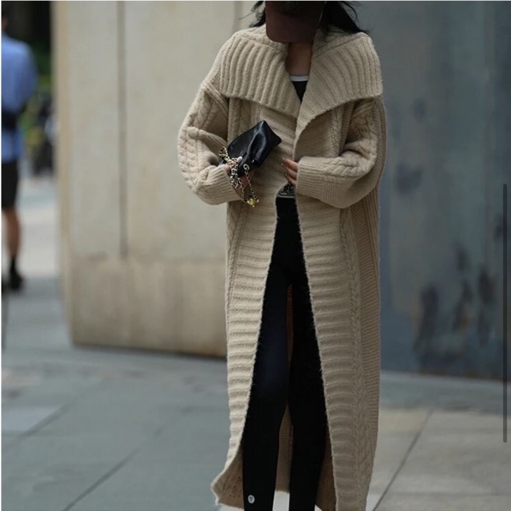148. Maxi COST 🛑oversized Tan beige Cardigan Sweater Chunky Long Cable Duster - Picture 10 of 12
